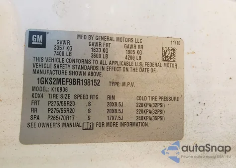 2011 GMC Yukon Xl 1500 Denali из США, поврежденный, VIN 1GKS2MEF9BR198152